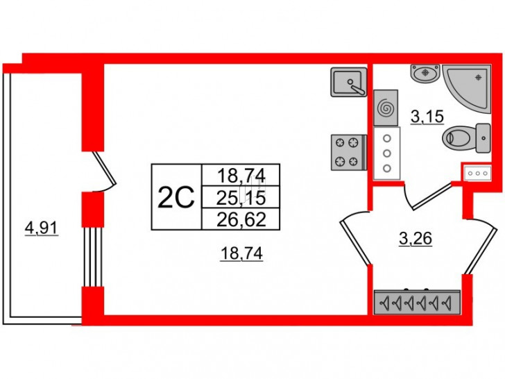 Студия 25.15 м²