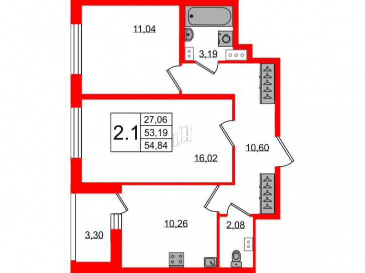 Двухкомнатная квартира 53.19 м²