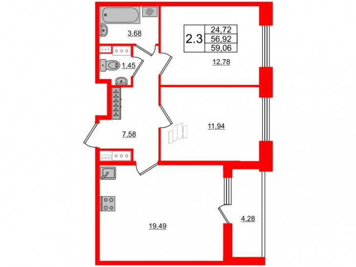 Двухкомнатная квартира 56.92 м²