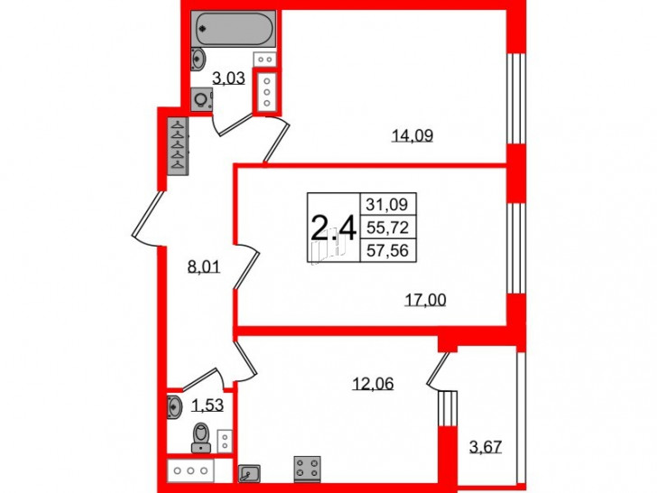 Двухкомнатная квартира 55.72 м²