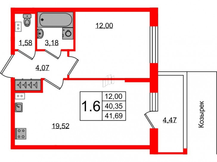 Однокомнатная квартира 40.35 м²