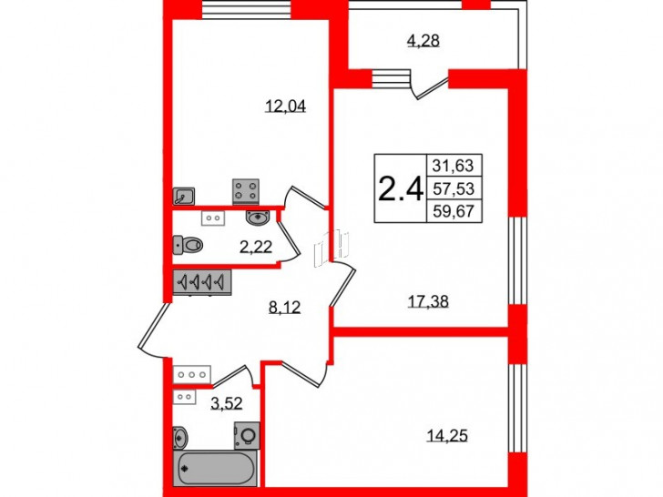Двухкомнатная квартира 57.53 м²
