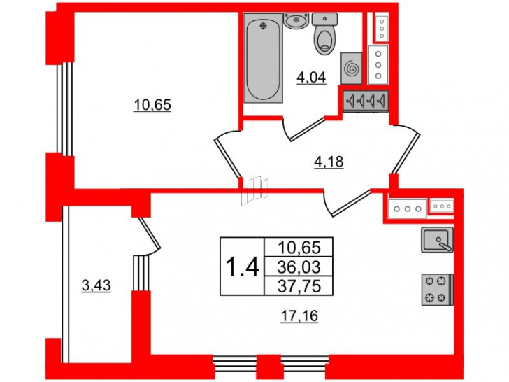 Однокомнатная квартира 36.03 м²
