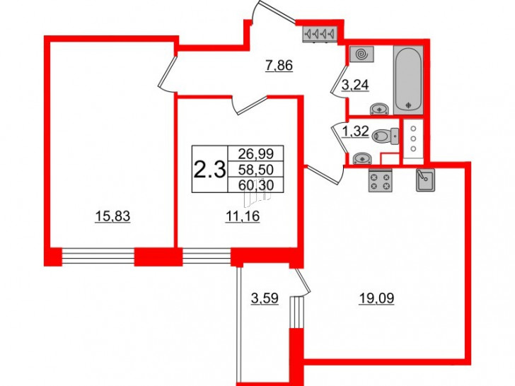 Двухкомнатная квартира 58.5 м²