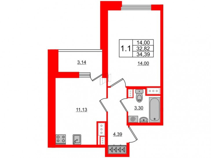 Однокомнатная квартира 32.82 м²