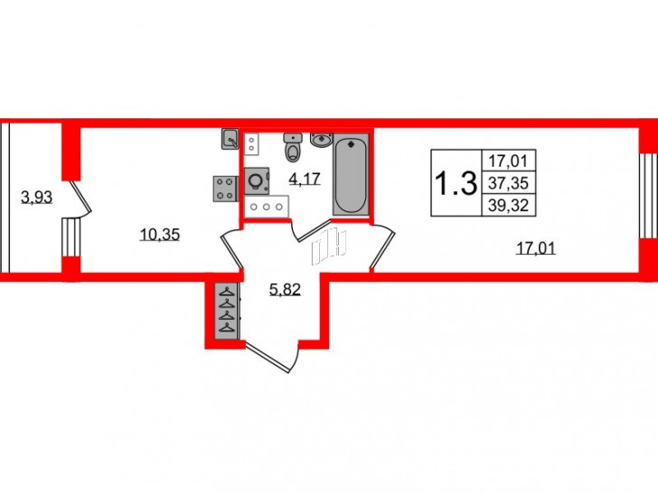 Однокомнатная квартира 37.35 м²