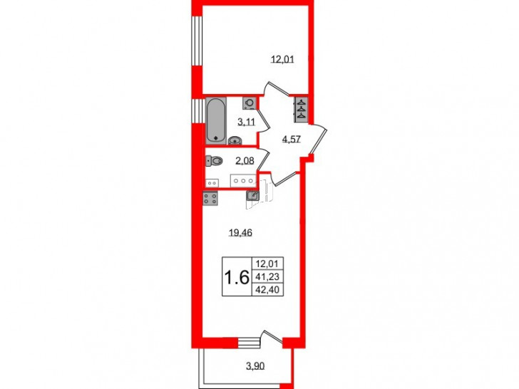 Однокомнатная квартира 41.23 м²