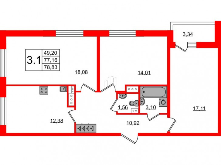 Трёхкомнатная квартира 77.16 м²