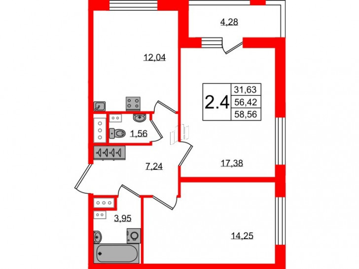 Двухкомнатная квартира 56.42 м²